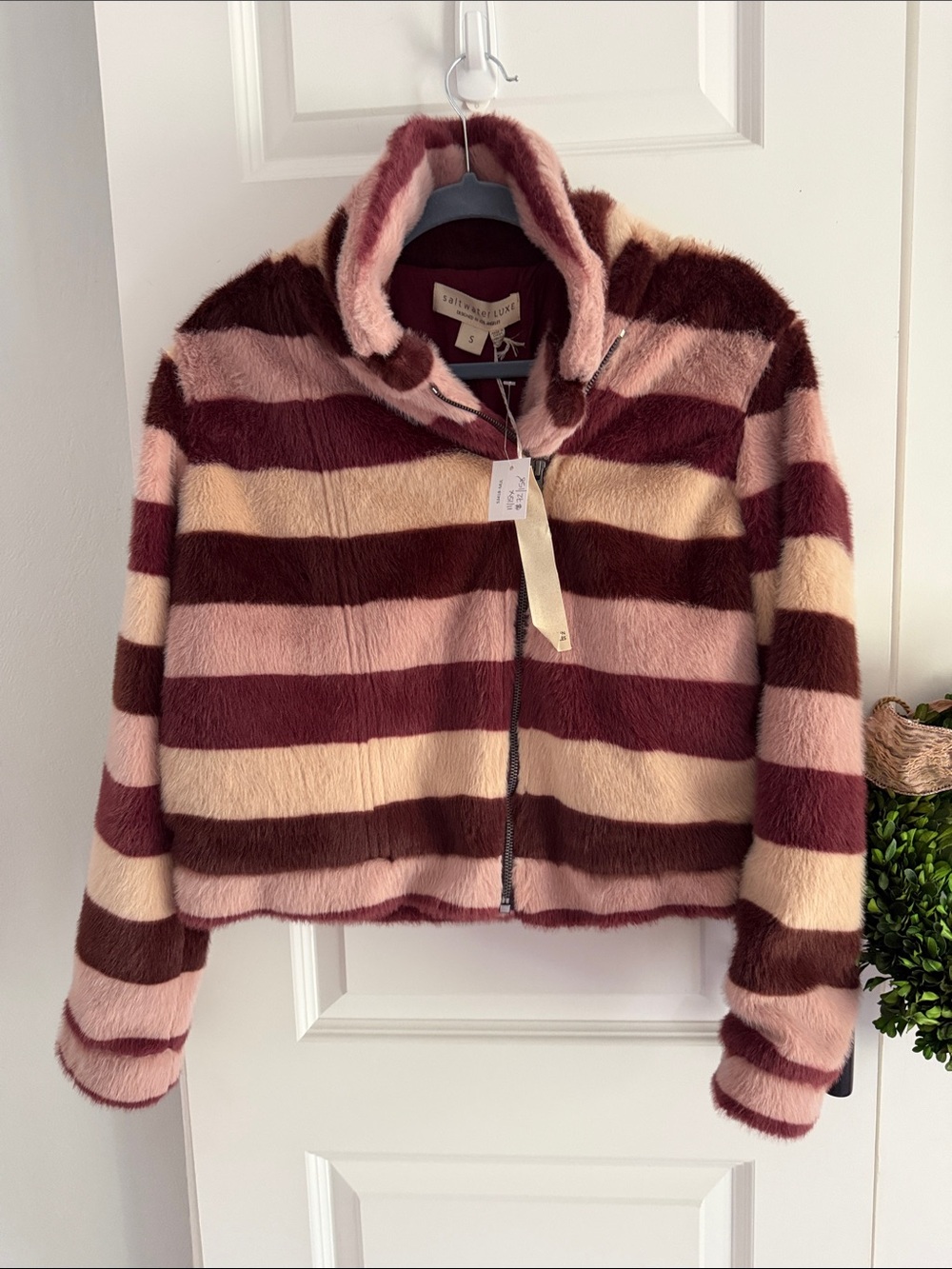 Anthro Saltwater Luxe Striped Faux Fur Zip-Up Jacket in Pink, Cream & Burgundy